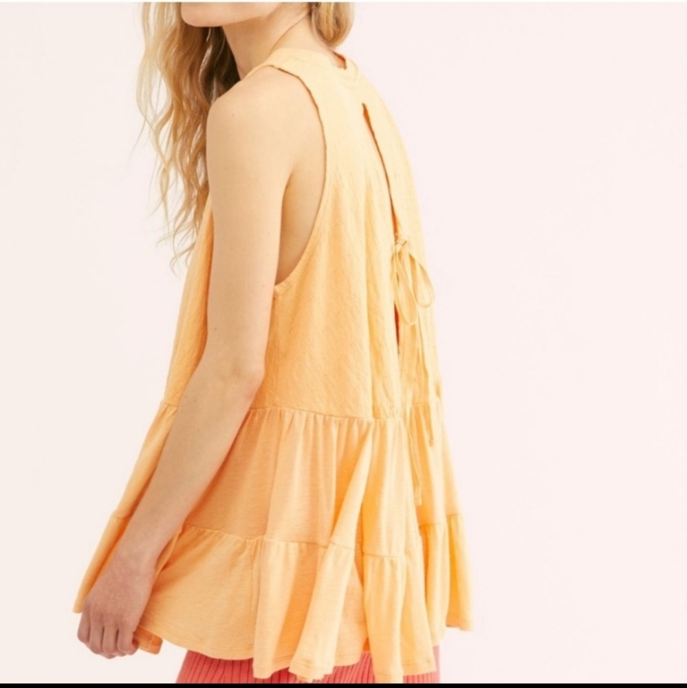 Free People Tunic Top / Mini Dress Ruffle Hem Peach Perpetual Sunset Size Medium